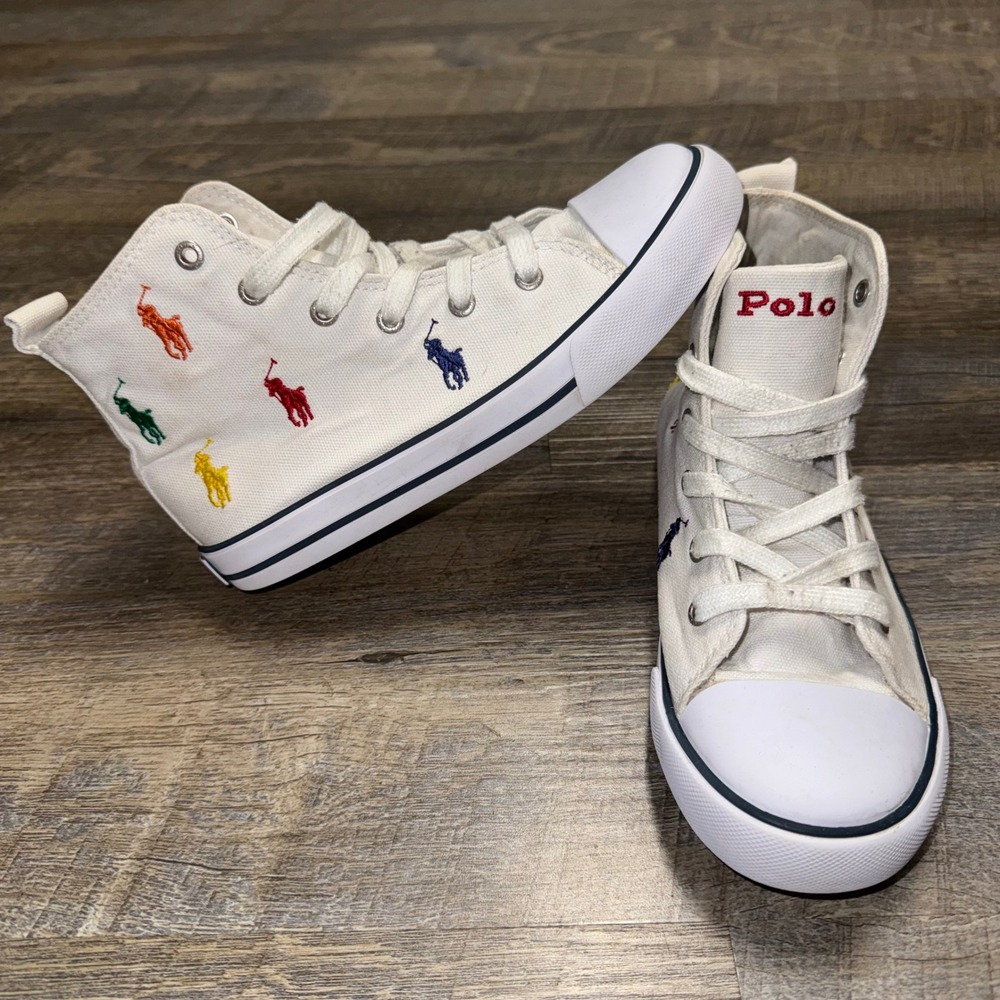 Polo Ralph Lauren Hamptyn Hi II White Canvas Multi Pony High Top Sneakers Kids 1
